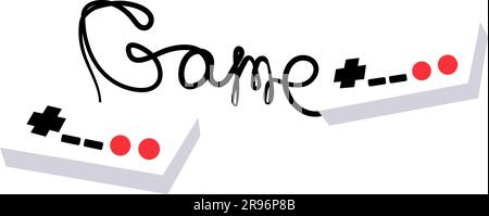 Deux vieux blans rétro hipster joysticks manipuler les consoles des années 80, 90 pour les consoles de jeux vidéo et le jeu d'inscription écrit par fil sur un whi Illustration de Vecteur