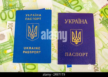 Deux passeports ukrainiens un est blessé par le deuxième passeport civil sur le fond des billets en euros à la valeur nominale de 100 Banque D'Images