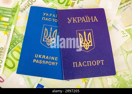 Deux passeports ukrainiens un est blessé par le deuxième passeport civil sur le fond des billets en euros à la valeur nominale de 100 Banque D'Images