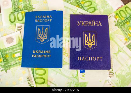 Deux passeports ukrainiens un est blessé par le deuxième passeport civil sur le fond des billets en euros à la valeur nominale de 100 Banque D'Images