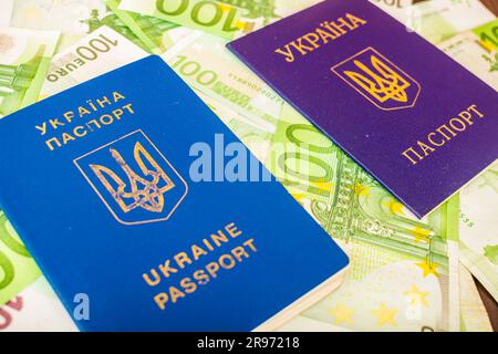 Deux passeports ukrainiens un est blessé par le deuxième passeport civil sur le fond des billets en euros à la valeur nominale de 100 Banque D'Images