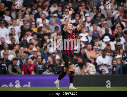Erling Braut Haaland, de Man City, célèbre le but d'ouverture, son but de la saison 50th lors du match de la Premier League entre Fulham et M. Banque D'Images