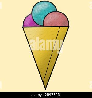 sur fond rose d'un cône de crème glacée avec trois boules multicolores. Banque D'Images