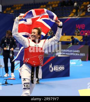 Krynica Zdroj Arena, Pologne. 24th juin 2023. Jade Jones, de Grande-Bretagne, réagit à la victoire du concours de médaille d'or dans le Taekwondo Women's -57kg aux Jeux européens 2023 à Krynica-Zdroj, Pologne Credit: Mickael Chavet/Alay Live News Banque D'Images