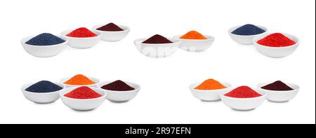 Collage de différentes colorants alimentaires en poudre dans des bols isolés sur blanc Banque D'Images