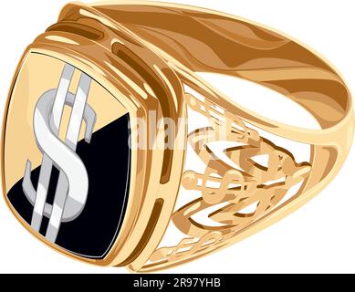 Illustration de couleur du panneau avec le signe dollar. Illustration vectorielle de l'anneau de signalisation rouge et blanc en or avec onyx et signe $. Bague or mâle Illustration de Vecteur
