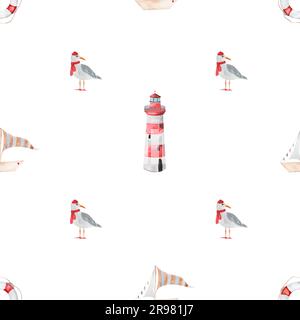 Arrière-plan d'aquarelle avec phare et mouettes, bateau et bouée de sauvetage. Motif enfant sans couture.Aquarelle illustration nautique sur blanc Banque D'Images