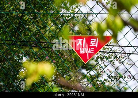 PAJU, Corée du Sud. 24th juin 2023. Un panneau d'avertissement concernant les mines est visible sur le chemin du Camp Greaves, dans la zone de contrôle civil de la zone démilitarisée, près de Paju, en Corée du Sud, samedi, 24 juin 2023. Photo de Thomas Maresca/UPI crédit: UPI/Alay Live News Banque D'Images