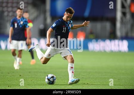 Bucarest, Roumanie. 24th juin 2023. Lukas Kacavenda, de Croatie, contrôle un ballon lors du match de championnat européen de l'UEFA des moins de 21 ans du groupe B entre l'Espagne et la Croatie au stade Giulesti de Bucarest, Roumanie sur 24 juin 2023. Photo: Eduard Vinatoru/PIXSELL crédit: Pixsell/Alay Live News Banque D'Images