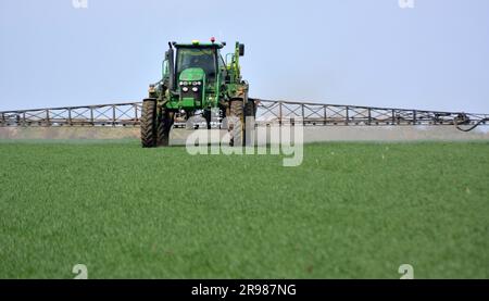 Chortkiv - Ternopil - Ukraine - 22 avril 2021. Traitement des cultures de blé avec des insecticides pour la protection contre les ravageurs dans la ferme 'Yagelniski'. Banque D'Images