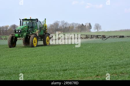 Chortkiv - Ternopil - Ukraine - 22 avril 2021. Traitement des cultures de blé avec des insecticides pour la protection contre les ravageurs dans la ferme 'Yagelniski'. Banque D'Images