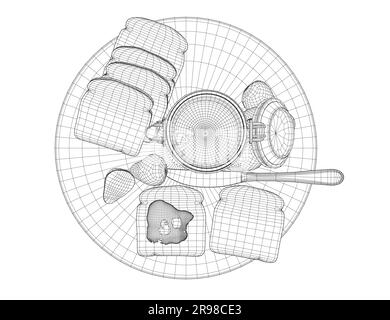 Wireframe saine nourriture du matin et repas du petit déjeuner main dessinés avec des lignes filaires sur fond blanc - toasts, fraise. Illustration vectorielle. 3D. Illustration de Vecteur