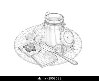 Wireframe saine nourriture du matin et repas du petit déjeuner main dessinés avec des lignes filaires sur fond blanc - toasts, fraise. Illustration vectorielle. 3D. Illustration de Vecteur