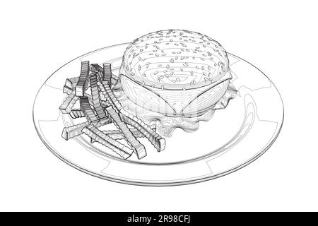 Tracer le cheeseburger sur l'assiette. Contour Big hamburger avec des côtelettes, du fromage, des tomates, de la laitue. cuisine américaine. Elément d'illustration vectoriel avec bourdonnement Illustration de Vecteur