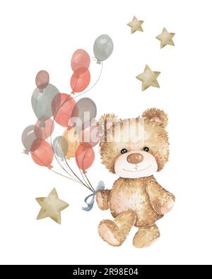 Cute Teddy bear with the colorful balloons and stars. Background with bear and balloons. Party invitation. Party balloons Banque D'Images