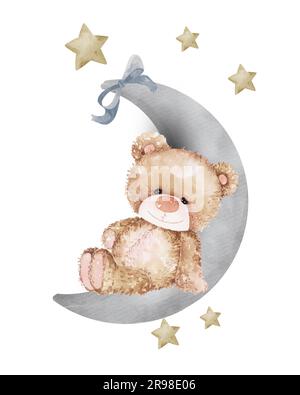 Cute Teddy bear with the colorful balloons and stars. Background with bear, Party invitation. Banque D'Images