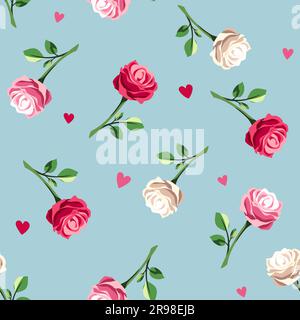 Motif fleuri sans couture avec roses rouges, roses et blanches et coeurs roses sur fond bleu. Illustration vectorielle Illustration de Vecteur