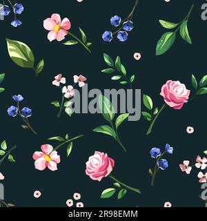 Motif floral avec petites fleurs roses et bleues et feuilles vertes sur fond bleu foncé. Imprimé fleuri vectoriel sans couture Illustration de Vecteur