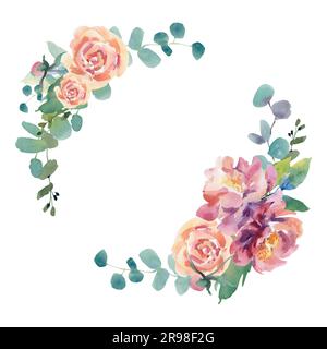 Une couronne de fleurs. Illustration aquarelle. Pivoines, roses, anémones, eucalyptus. Beauté et santé Banque D'Images