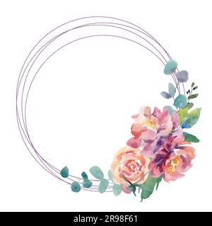 Une couronne de fleurs. Illustration aquarelle. Pivoines, roses, anémones, eucalyptus. Beauté et santé Banque D'Images