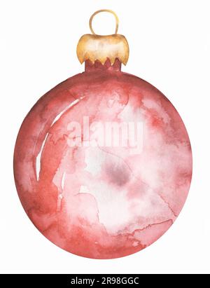 Aquarelle boule d'arbre de noël clipart. Illustration de la décoration de fête rouge, clip art nouvel an Banque D'Images