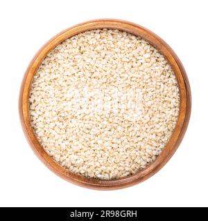 Graines de sésame décortiquées, sésame blanc dans un bol en bois. Sesamum indicum, également appelé benne, avec une saveur riche et mustée. Banque D'Images