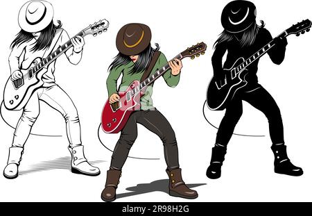 Personnage de guitariste rock. Fille en chapeau jouant de la guitare électrique. Outline, Color and Silhouette isolé sur blanc. Illustration de Vecteur