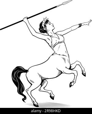 Centaur fille avec lance. Dessin vectoriel de style d'encre. L'ombre est l'objet distinct. Illustration de Vecteur