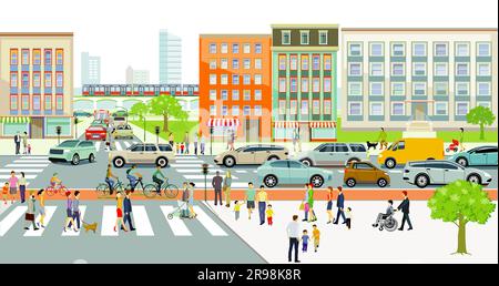 Personnes sur le passage à côté et la circulation routière et ferroviaire, illustration Banque D'Images