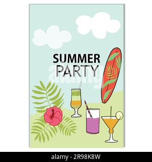Carte de vœux Summer Party avec cocktails de fruits, patineurs et fleurs tropicales Illustration de Vecteur