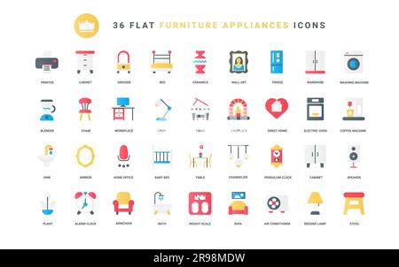 Machine à café et à laver, chaise et table pour le lieu de travail. Meubles de maison, appareils électriques de cuisine, équipement domestique et appareils ménagers modernes icônes plates tendance ensemble illustration vectorielle Illustration de Vecteur