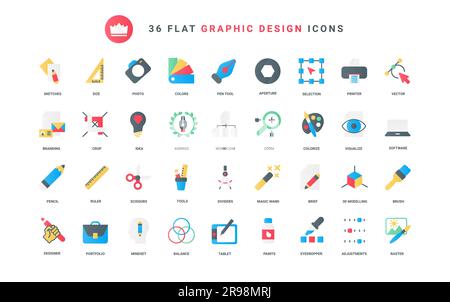 Logiciels et outils permettant de visualiser le portefeuille des concepteurs et les idées et projets créatifs, la règle et le pinceau magique, la taille de coupe des ciseaux et le stylo. Design graphique plat tendance icônes définir illustration vectorielle Illustration de Vecteur