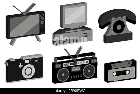 Un ensemble d'hipster, ancien, ancien, ancien, appareil photo, Ordinateur personnel, magnétophone, cassette audio, téléphone disque, TV des années 80, 90 sur un blanc Illustration de Vecteur
