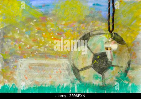 Sifflet de l'arbitre ou de l'entraîneur de football et aquarelle peinte à la main grungy stade et ballon de football.Grand événement de football en 2024 Banque D'Images