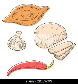 Dessin de la nourriture nationale géorgienne isolée sur fond blanc. Khachapuri, kkhinkali, fromage et poivre dessinés à la main. Illustration de Vecteur