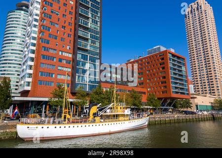 Rotterdam, pays-Bas - 8 octobre 2021 : tours d'affaires modernes situées autour de la rive de la rivière Nieuwe Maas, Rotterdam, pays-Bas. Banque D'Images