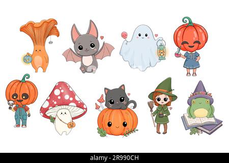 Ensemble de personnages d'Halloween mignons. Vecteur champignon, fantôme, chauve-souris, chat noir, sorcière, tête de citrouille, grenouille. Illustration de Vecteur