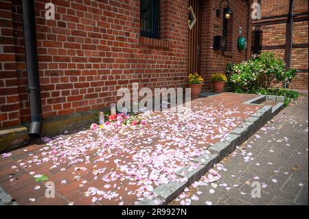 Toppenstedt, Allemagne. 25th juin 2023. Fleurs et bougies en deuil devant le bâtiment de l'administration municipale de Toppenstedt. Un jeune garçon et un adulte ont été tués lors d'un accident alors qu'ils conduisait une chargeuse sur pneus à Toppenstedt, au sud de Hambourg, en Basse-Saxe. Dix autres enfants âgés de quatre à dix ans ont été blessés, certains grièvement, selon le service des incendies. Credit: Jonas Walzberg/dpa/Alay Live News Banque D'Images