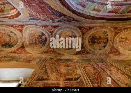 détail de fresques colorées du 15th siècle sur le plafond de l'église de la sainte trinité à hrastovlje slovénie Banque D'Images