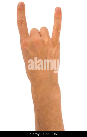 Main de femme montrant le geste de Rock isolé sur blanc Banque D'Images