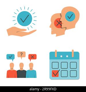Jeu d'icônes plates pour l'opinion publique et le vote. Accord et désaccord, enquête publique, élections. Illustration vectorielle. Illustration de Vecteur