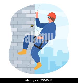 Grimpeur industriel accroché à la façade de l'illustration vectorielle du bâtiment. Travail isolé de dessin animé en hauteur avec un professionnel d'accès à la corde dans la ceinture d'alpinisme grimpant sur le mur de la maison Illustration de Vecteur