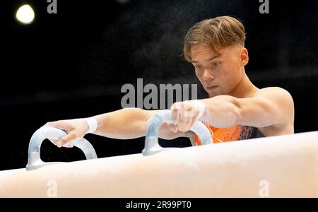 ROTTERDAM - Jordi Hagenaar lors de la finale de l'appareil de saut à la vaierie aux championnats nationaux de gymnastique à Ahoy. ANP IRIS VANDEN BROEK Banque D'Images