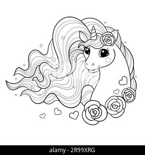 Tête d'une licorne avec une longue minière et des fleurs. Dessin linéaire noir et blanc. Pour la conception de livres de coloriage, imprimés, affiches, autocollants, po pour les enfants Illustration de Vecteur