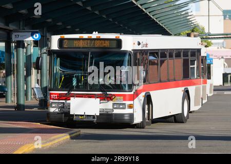 Salem, OR, États-Unis - 13 juin 2023; Salem rouge et blanc Cherémeutes bus local à la gare routière centrale Banque D'Images