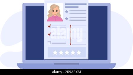 CV en ligne, recherche d'emploi numérique ou agence de recrutement. Fille choisir le travail, CV professionnel pour HR Manager. Application sur l'élément vectoriel de l'écran de l'ordinateur portable Illustration de Vecteur