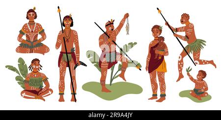 Personnages africains de dessins animés. Peuple tribal indigène avec des corps à motifs. Aborigènes avec des ornements de tatouage traditionnels. Chasseurs avec lances. Autochtone Illustration de Vecteur