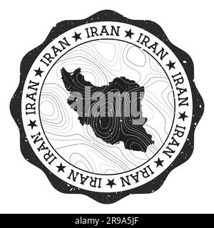 Timbre extérieur Iran. Autocollant rond avec carte du pays avec isolines topographiques. Illustration vectorielle. Illustration de Vecteur