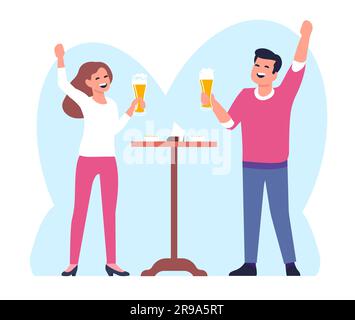 Un jeune couple boit de la bière. Heureux mâle et femelle tenant des lunettes. Table pub. Toast de l'Oktoberfest. Les gens qui collent des tasses à bière pinte. Faire mousser la boisson alcoolisée Illustration de Vecteur