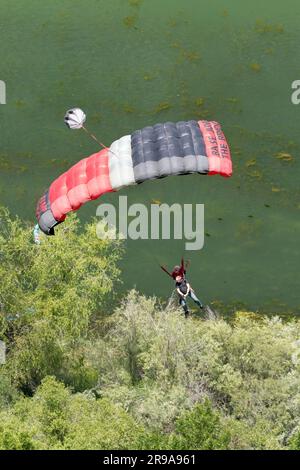 Les cavaliers de la base tandem qui survolent les sommets des arbres se préparent à atterrir à Twin Falls, Idaho. Banque D'Images